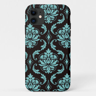 Teal and Black Vintage Damask Pattern iPhone 11 Case