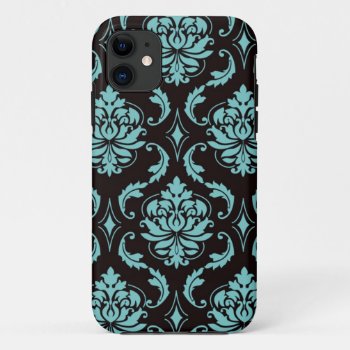 Teal And Black Vintage Damask Pattern Iphone 11 Case by DamaskGallery at Zazzle
