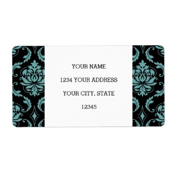 Teal And Black Vintage Damask Pattern Label by DamaskGallery at Zazzle