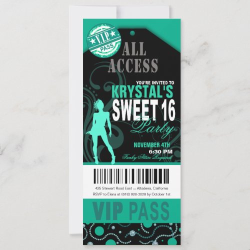 Teal and Black VIP Sweet 16 Ticket Party Invitation