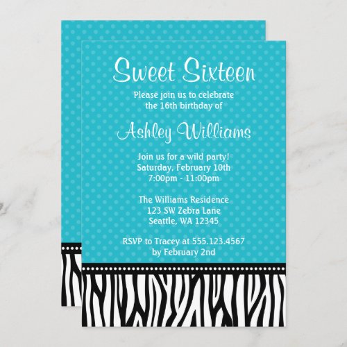 Teal and Black Zebra Polka Dot Sweet 16 Invitation