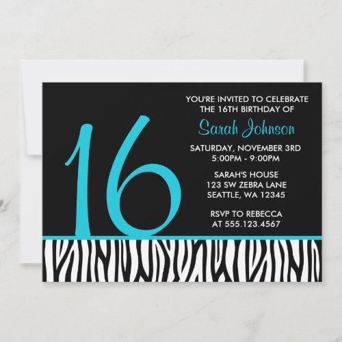 Teal and Black Zebra Sweet 16 Number Birthday Invitation