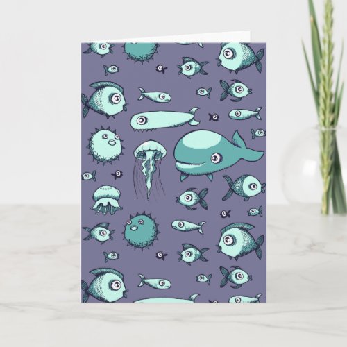 Teal and Blue Fish Drawing Blank Greeting Card