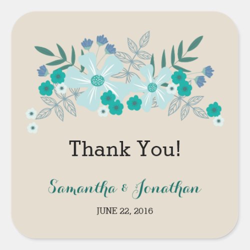 Teal and Blue Flowers on Tan Personalized Wedding Square Sticker