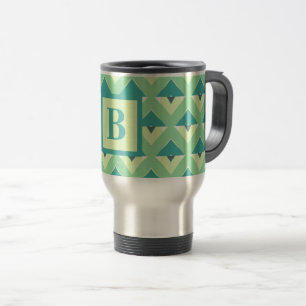 Teal and Blue Geometric Pattern Monogram Travel Mug