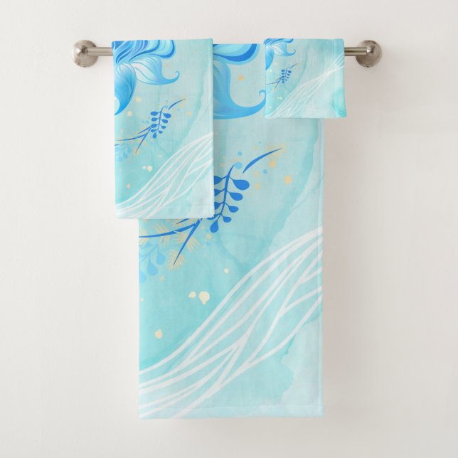 Teal and Blue Lotus Floral Art Bath Towel Set (Insitu)