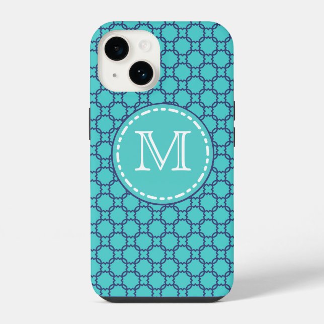 Teal and Blue Maroccan Pattern - Monogrammed Iphone Case (Back)