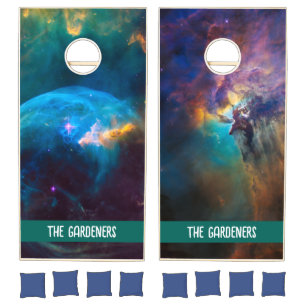 Teal and Blue Nebula Celestial Photo Cornhole Set