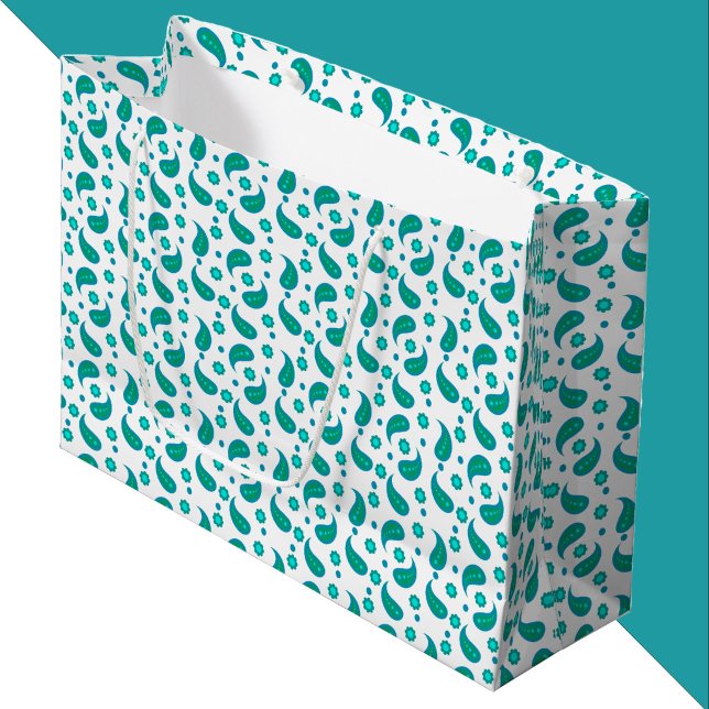 Teal and Blue Paisley Floral Pattern Large Gift Bag (A gift bag with a floral boho paisley pattern done in green and blue.)