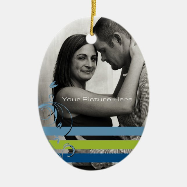 Teal and Blue Photo Engagement Ceramic Ornament (Front)