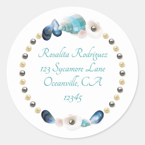 Teal and Blue Seashells and Pearls Return Address Classic Round Sticker