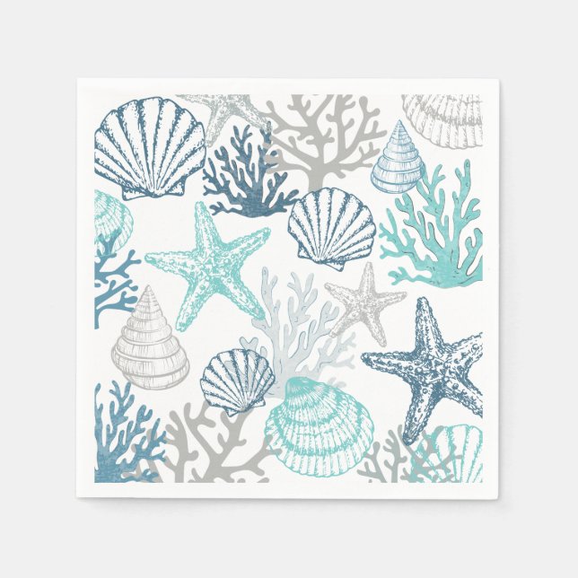 Teal And Blue Starfish Seashell Pattern Napkins (Front)