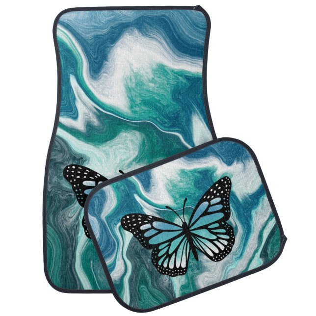 Teal and Blue Turquoise Marble Butterfly  Car Floor Mat (Set)