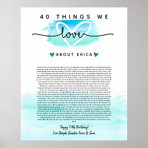 teal and blue watercolor 40 reasons we love you poster