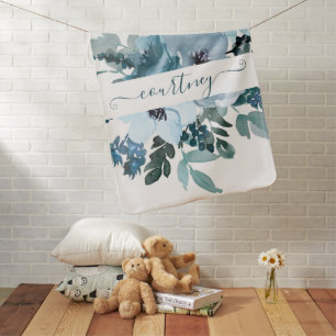 Teal and blue watercolor floral personalized   baby blanket