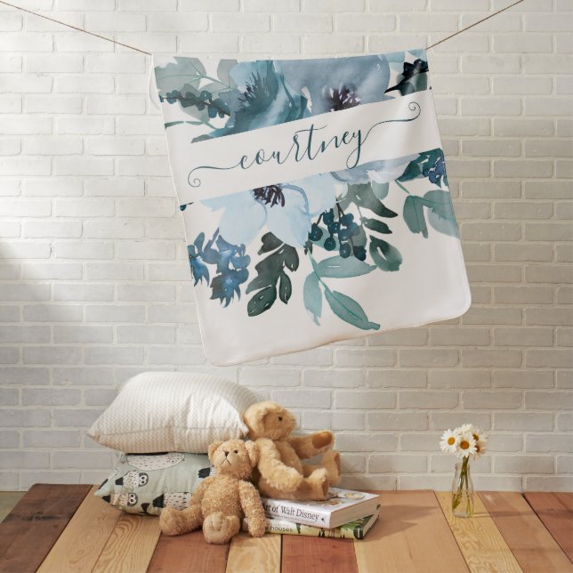 Teal and blue watercolor floral personalized   baby blanket (In Situ)