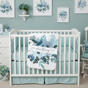 Teal and blue watercolor floral personalized baby blanket