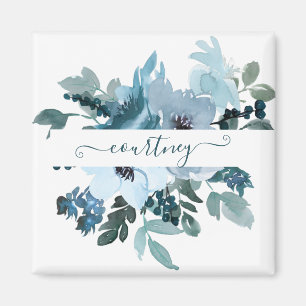 Teal and blue watercolor floral personalized  magnet