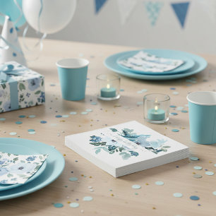 Teal and blue watercolor floral personalized  napkins