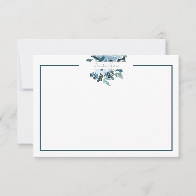 Teal and blue watercolor floral personalized   note card (Front)