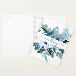 Teal and blue watercolor floral personalized planner