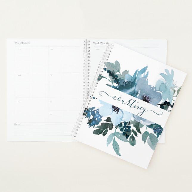 Teal and blue watercolor floral personalized  planner (Display)