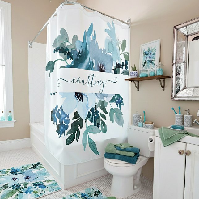 Teal and blue watercolor floral personalized   shower curtain (Creator Uploaded)