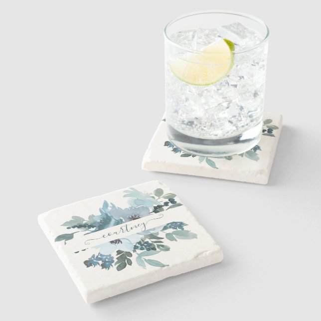 Teal and blue watercolor floral personalized   stone coaster (Side)