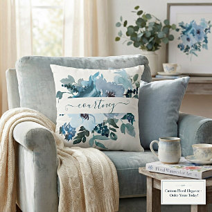 Teal and blue watercolor floral personalized throw pillow