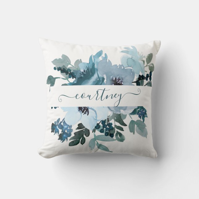 Teal and blue watercolor floral personalized  throw pillow (Front)