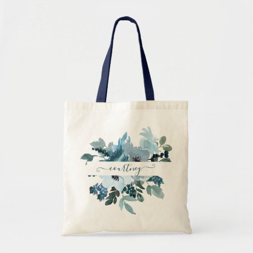 Teal and blue watercolor floral personalized   tot tote bag