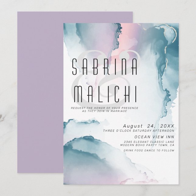 Teal and Blush Rose Modern Fluid Ink Invitation (Front/Back)