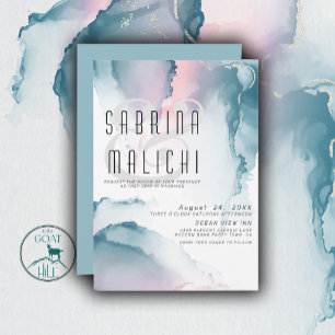 Teal and Blush Rose Modern Fluid Ink Invitation