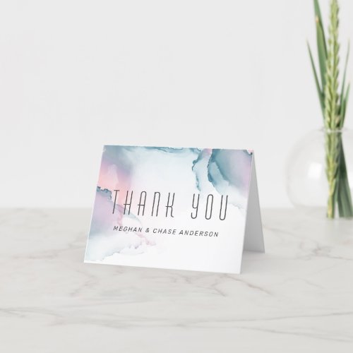 Teal and Blush Rose Modern Fluid Ink Thank You Card