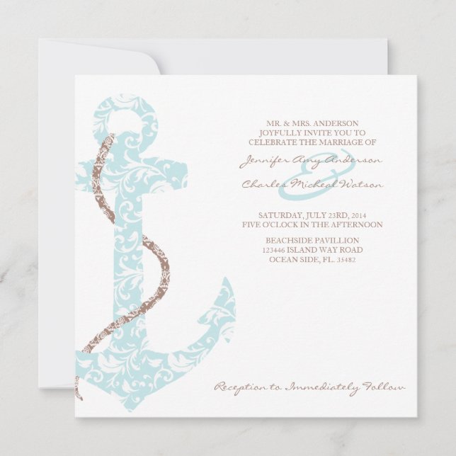 Teal and Brown Anchor Beach Wedding Invitation (Front)