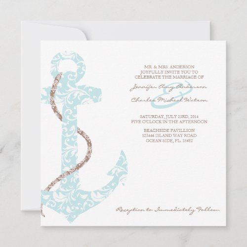 Teal and Brown Anchor Beach Wedding Invitation