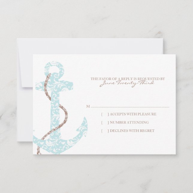 Teal and Brown Anchor Beach Wedding rsvp Card (Front)