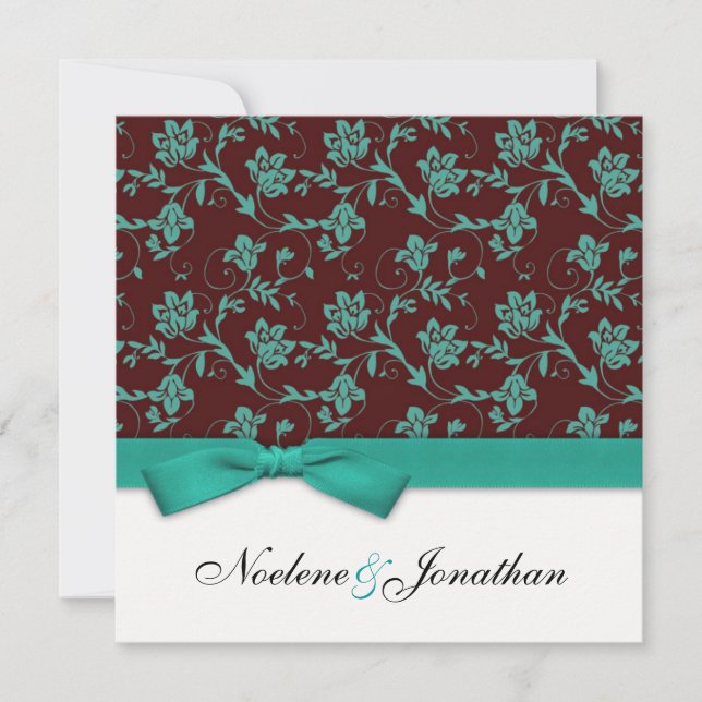 Teal and Brown Bow Flower Wedding Invitation (Front)