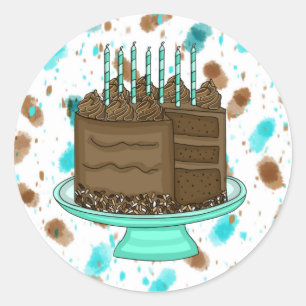 Teal and Brown Chocolate Cake Birthday Classic Round Sticker