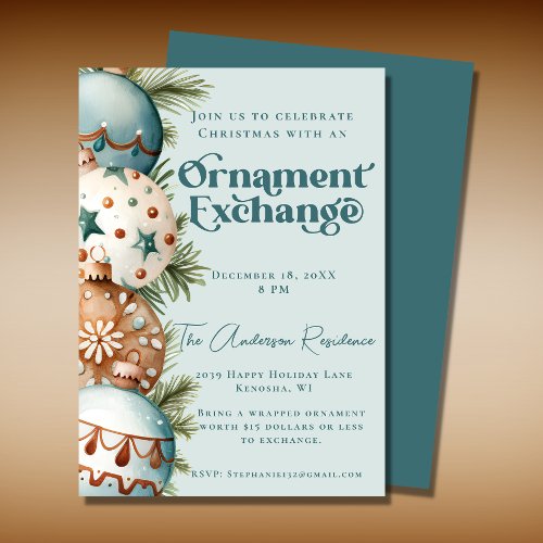 Teal and Brown Christmas Ornament Exchange  Invitation