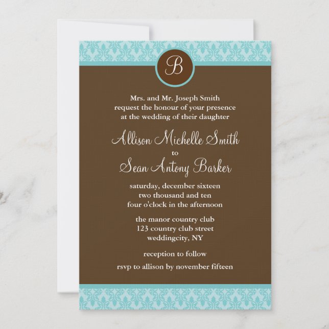Teal and Brown Damask Pattern Wedding Invitations (Front)