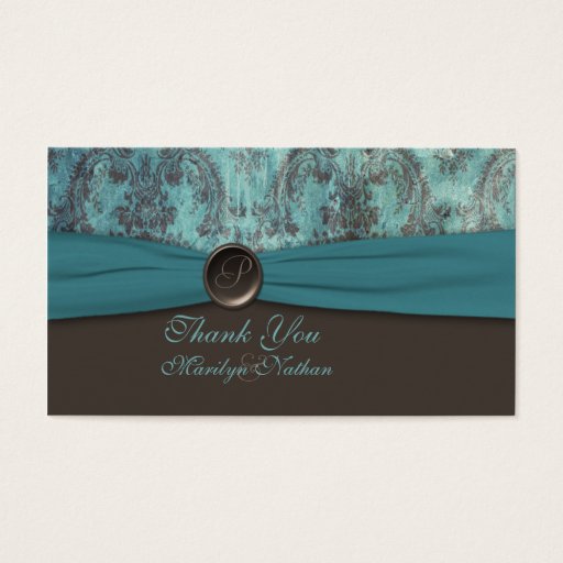 Customizable Teal and Brown Damask Wedding Favor Tag Business Card