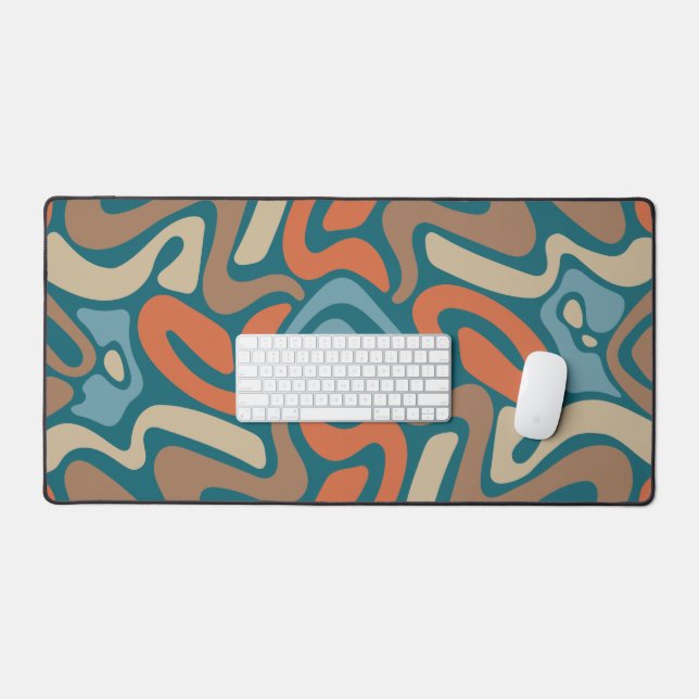 Teal and Brown Organic Blob Wave Pattern Desk Mat (Keyboard & Mouse)