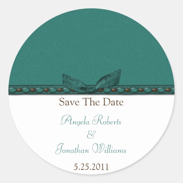 Teal and Brown Save The Date Sticker (Front)
