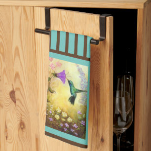 Teal and Brown Striped Hummingbirds Kitchen Towel
