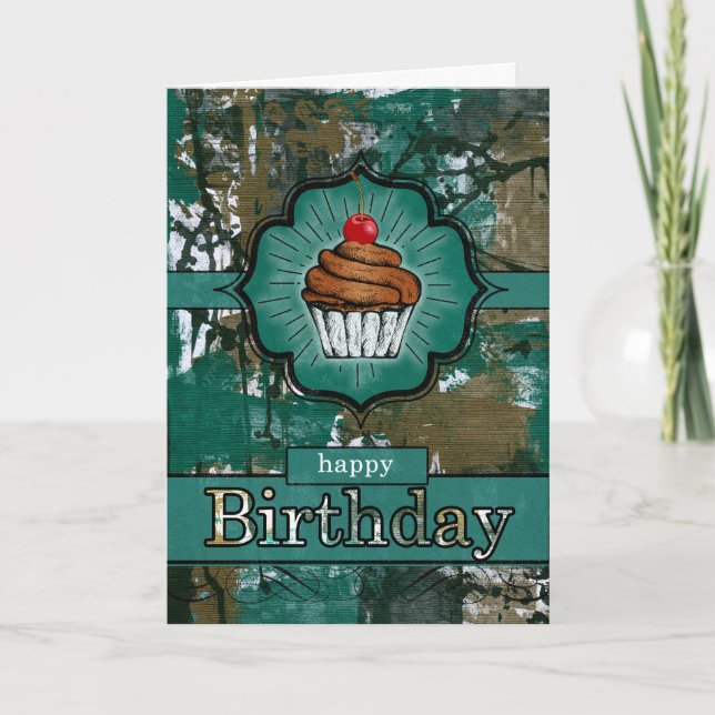 Teal and Brown Urban Graffiti Cupcake Birthday Card (Front)