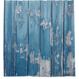 Teal and brown wooden board shower curtain