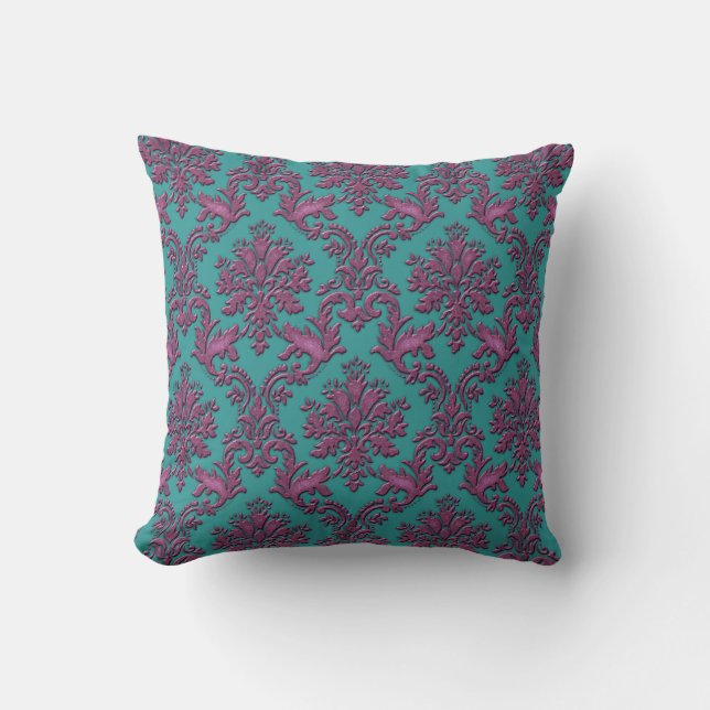 Teal and Burgundy Damask Throw Pillow (Front)