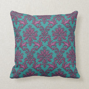 Teal and Burgundy Damask Throw Pillow