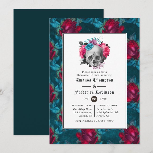 Teal and Burgundy Floral Gothic Rehearsal Dinner Invitation (Front/Back)